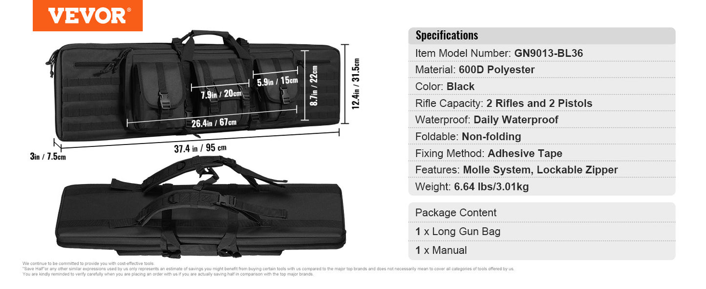 VEVOR Tactical Double Rifle Bag – 36/42" Soft Gun Case with Lockable Zipper for Two Rifles & Pistols