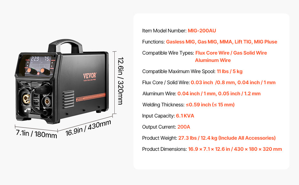 VEVOR 5-in-1 200A MIG Welder – Gas/Flux Core MIG, Stick, Lift TIG, AU TIG with LCD Display