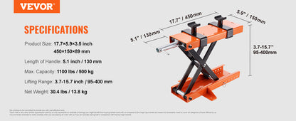 VEVOR Motorcycle Lift – Scissor Jack with 350/1100/1500 LBS Capacity, Wide Deck & Safety Pin for Bikes & Motorcycles