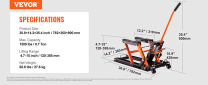 VEVOR Motorcycle Lift – Scissor Jack with 350/1100/1500 LBS Capacity, Wide Deck & Safety Pin for Bikes & Motorcycles