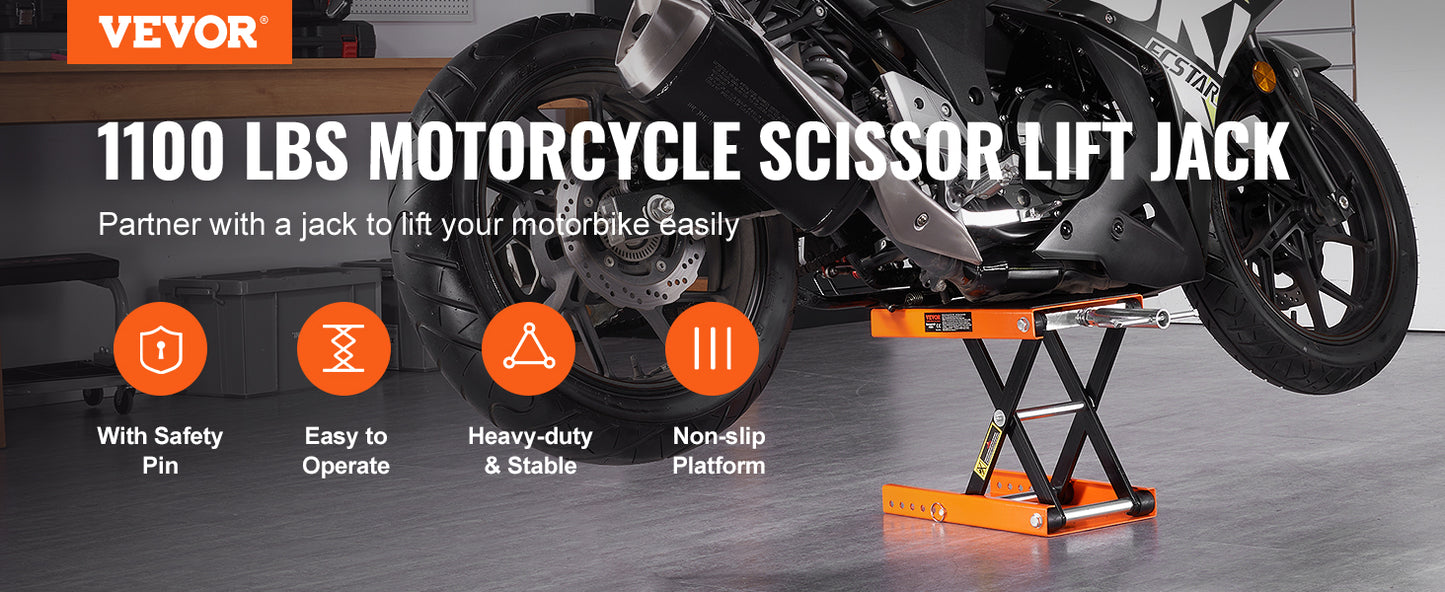 VEVOR Motorcycle Lift – Scissor Jack with 350/1100/1500 LBS Capacity, Wide Deck & Safety Pin for Bikes & Motorcycles