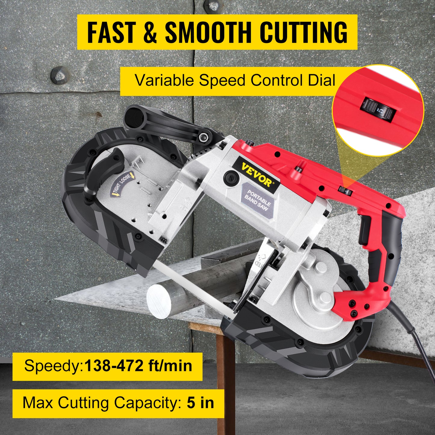 VEVOR Cordless Portable Bandsaw – 5-Inch Cutting Capacity, 10Amp Variable Speed Motor for Metal, Wood, Pipes & Rebar