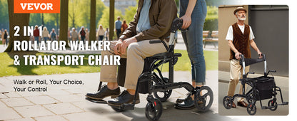 VEVOR 2-in-1 Rollator Walker & Transport Chair – Folding Aluminum Mobility Walker and Wheelchair Combo for Seniors