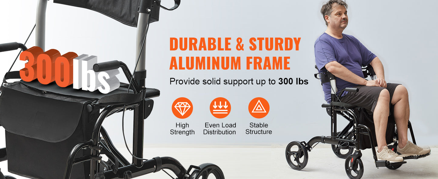 VEVOR 2-in-1 Rollator Walker & Transport Chair – Folding Aluminum Mobility Walker and Wheelchair Combo for Seniors