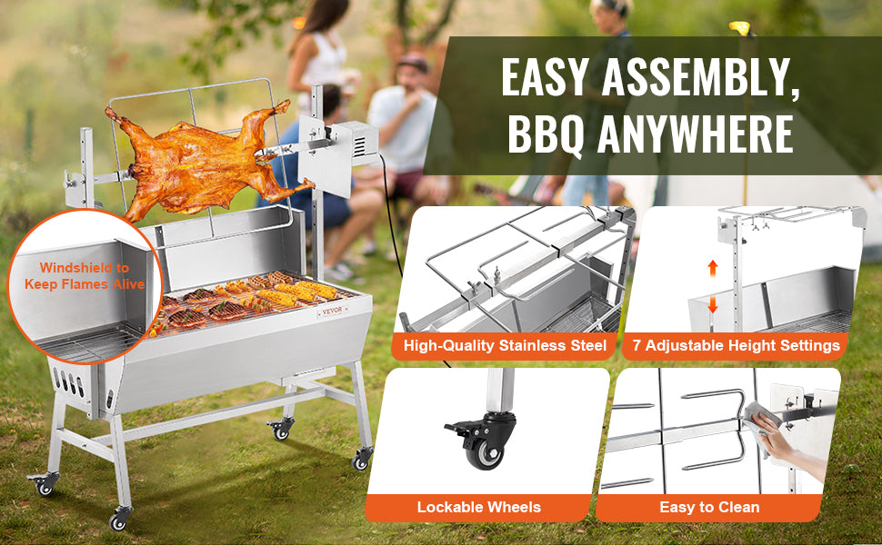 SucceBuy 35-Inch Rotisserie Grill – Electric Motor Charcoal Spit Stainless Steel Roaster with Lockable Wheels for Camping