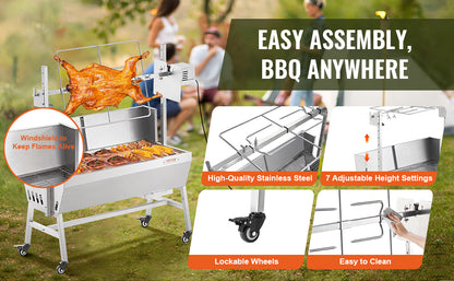 SucceBuy 35-Inch Rotisserie Grill – Electric Motor Charcoal Spit Stainless Steel Roaster with Lockable Wheels for Camping