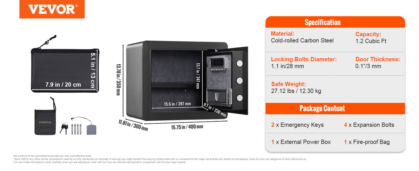 SucceBuy Electronic Safe Deposit Box — 1.2/0.5 Cubic Feet Digital Safe with Override Keys for Money, Jewelry, and Documents