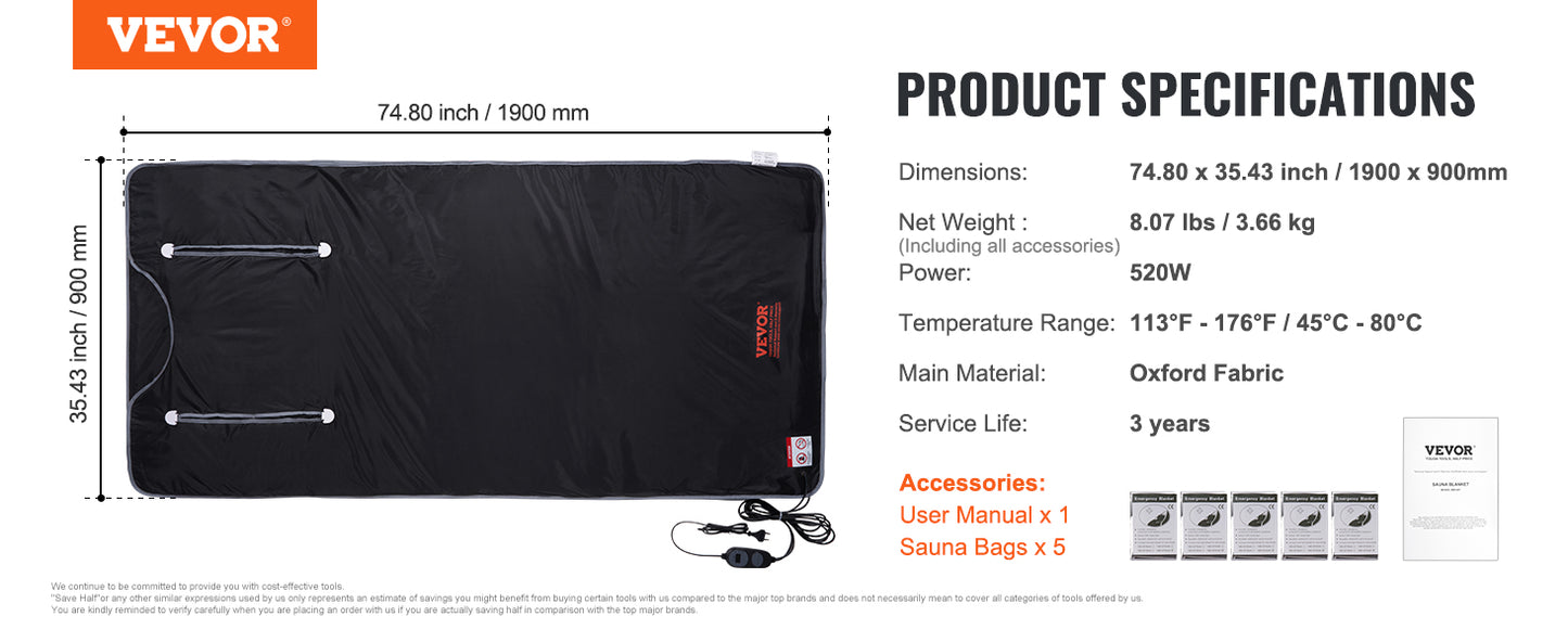 VEVOR Portable Sauna Blanket – Far Infrared Detox & Relaxation with Adjustable Temperature & Timer