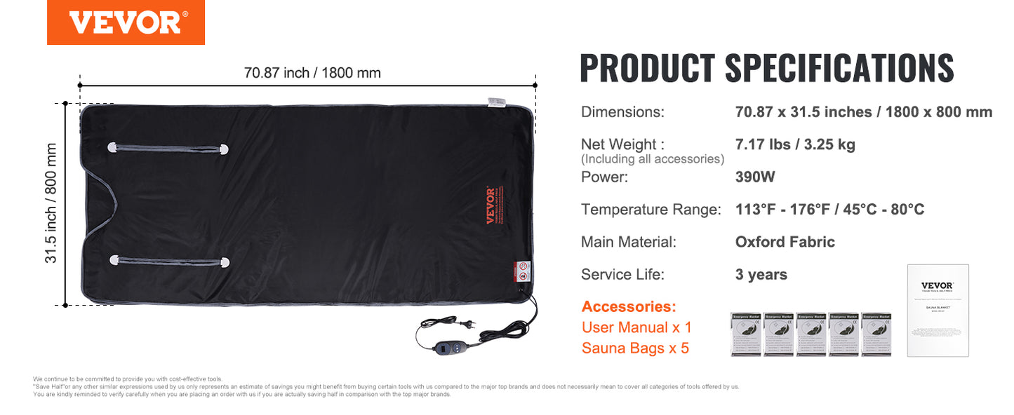 VEVOR Sauna Blanket for Detoxification – Portable Far Infrared Sauna, Adjustable Temperature & Timer for Home Relaxation