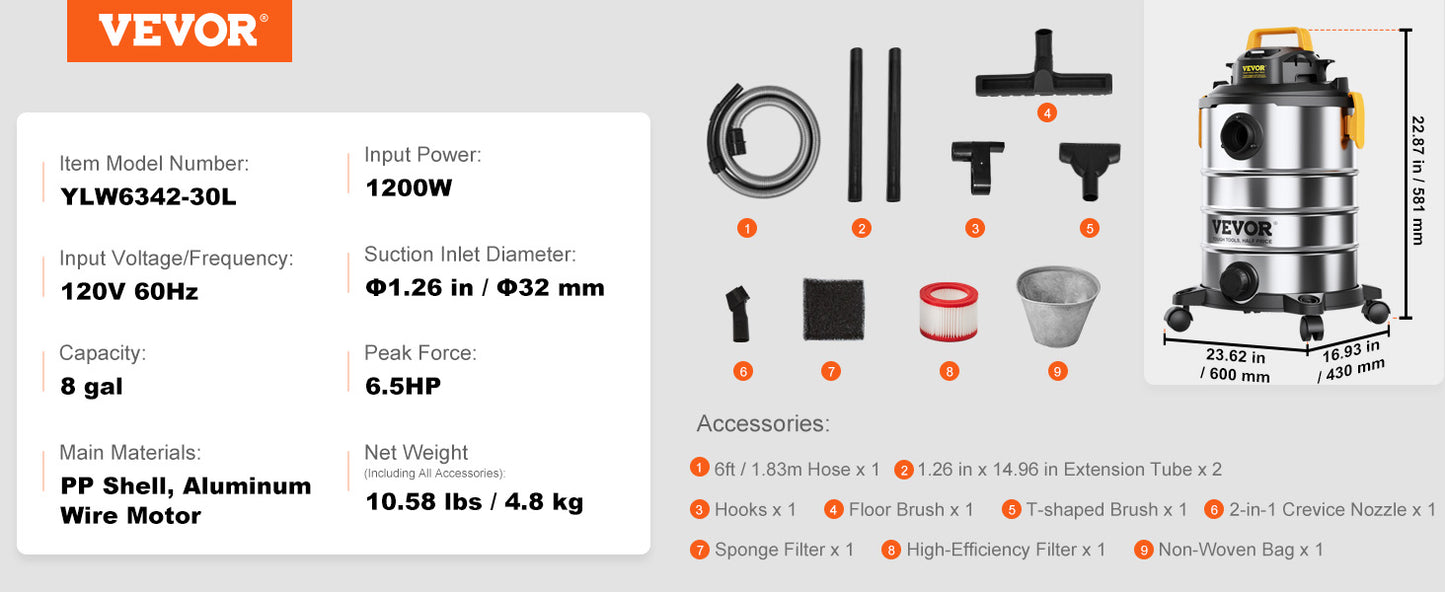 VEVOR Stainless Steel Wet Dry Shop Vacuum - Powerful Small Shop Vac for Carpet, Debris & Pet Hair