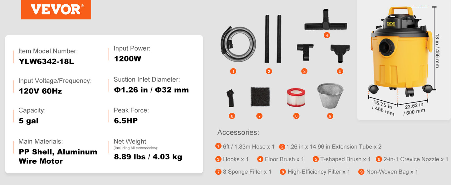 VEVOR Stainless Steel Wet Dry Shop Vacuum - Powerful Small Shop Vac for Carpet, Debris & Pet Hair