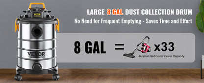 VEVOR Stainless Steel Wet Dry Shop Vacuum - Powerful Small Shop Vac for Carpet, Debris & Pet Hair