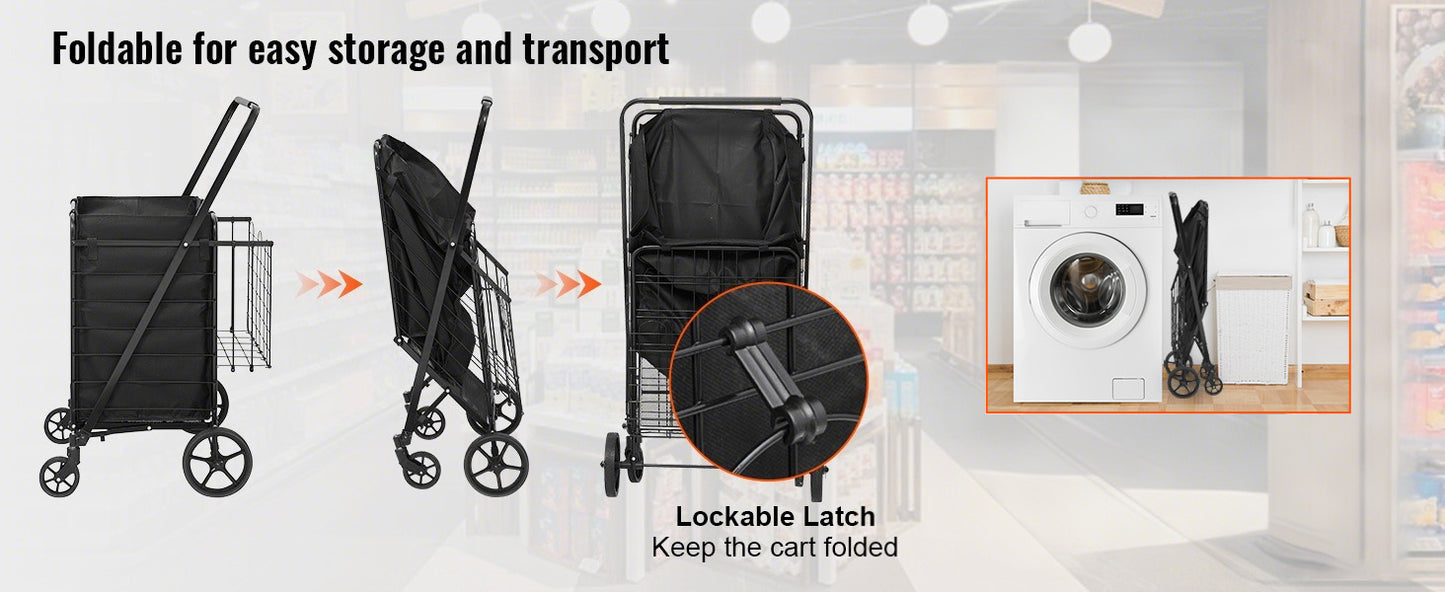 SucceBuy Folding Shopping Cart with Removable Waterproof Liner — Large Capacity 106/330LBS, 360° Swivel Wheels, Metal Mesh Base