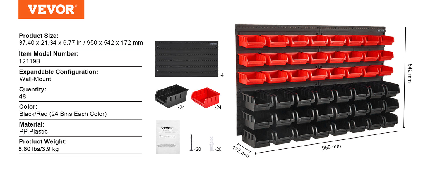 VEVOR Wall-Mounted Storage Bins — 30/48-Bin Garage Organizer with Hooks