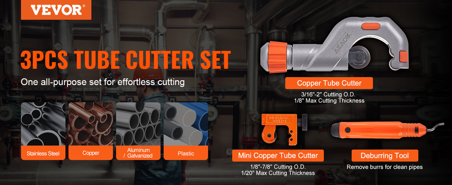 VEVOR 3PCS Heavy Duty Tubing Cutter Set – Mini Pipe Cutter & Deburring Tool for Copper, Aluminum, Steel & Plastic Pipes