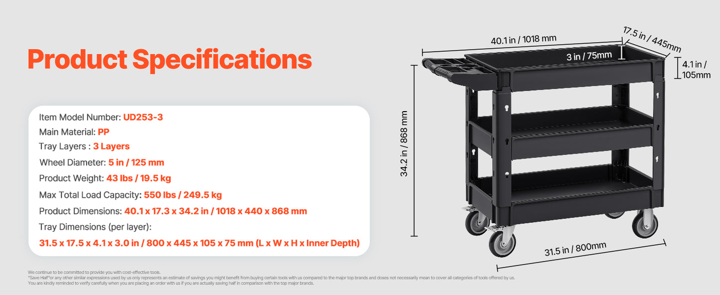 VEVOR 2/3 Shelf Heavy Duty Utility Service Cart with 360° Swivel Wheels – Ergonomic Storage Handle for Warehouse, Garage, Cleaning