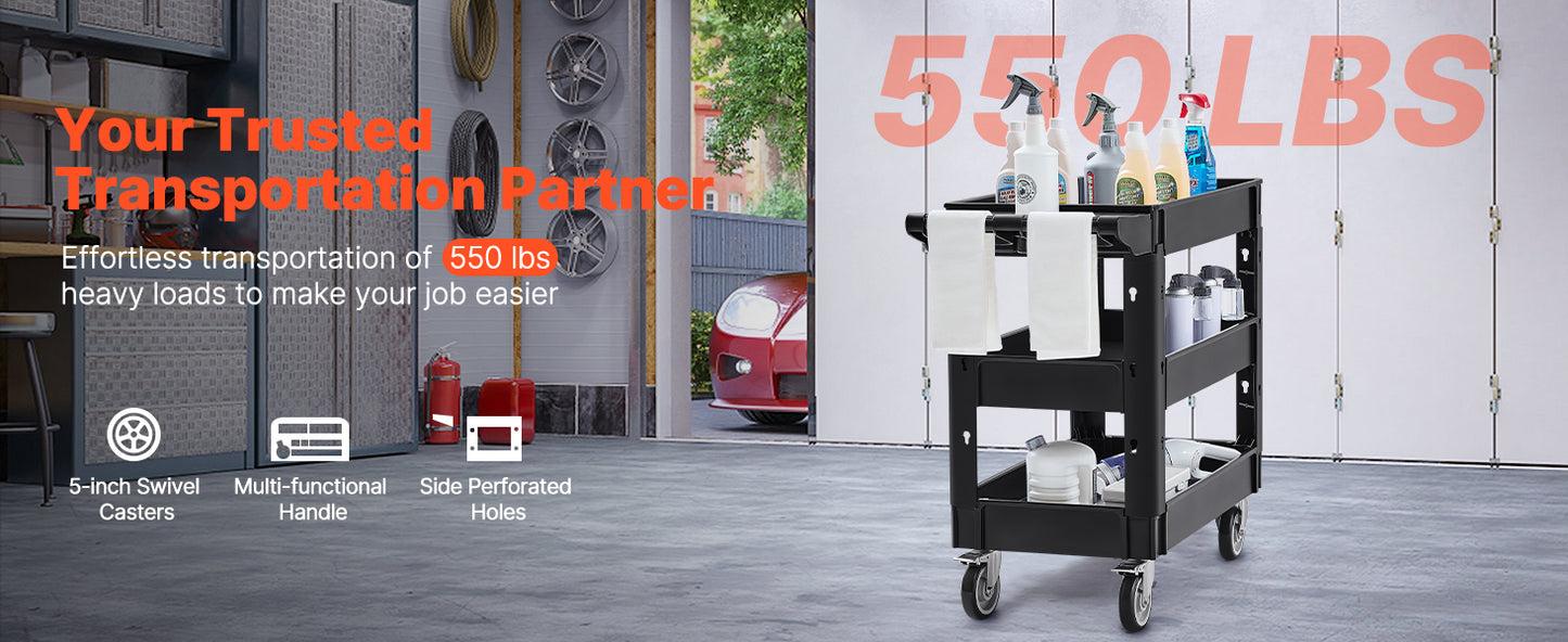VEVOR 2/3 Shelf Heavy Duty Utility Service Cart with 360° Swivel Wheels – Ergonomic Storage Handle for Warehouse, Garage, Cleaning